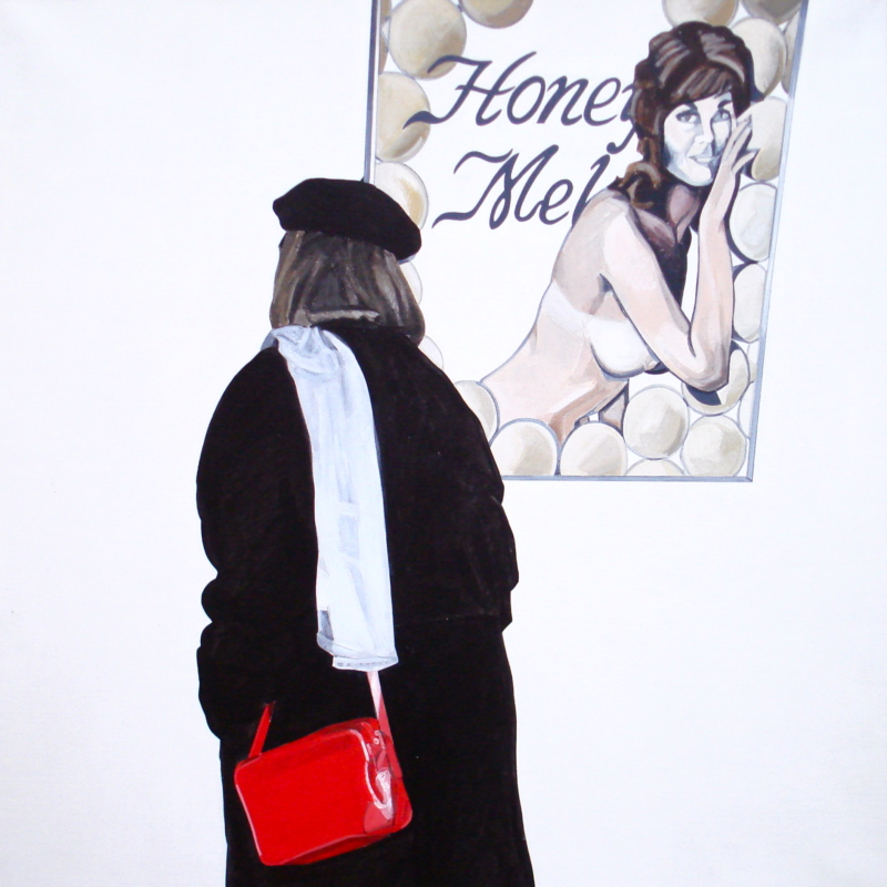 Farny Emilienne, Vernissage n6, 1993, 100 x 100 (devant une peinture de Mel Ramos)
