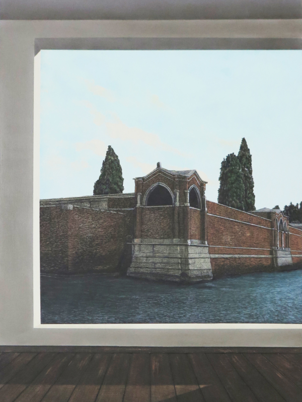 Arduino Cantàfora, TEATRI DI LAGUNA V, 2023, vinylique et huile sur bois, 70 x 50 cm