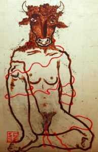 Leah Linh, «Ariane», 2022, acrylique, fond or sur toile, fil de laine, 120 x 80 cm