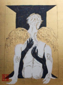 Leah Linh, «Envol II», 2020, technique mixte, fond or sur toile, plumes naturelles, 130 x 97 cm