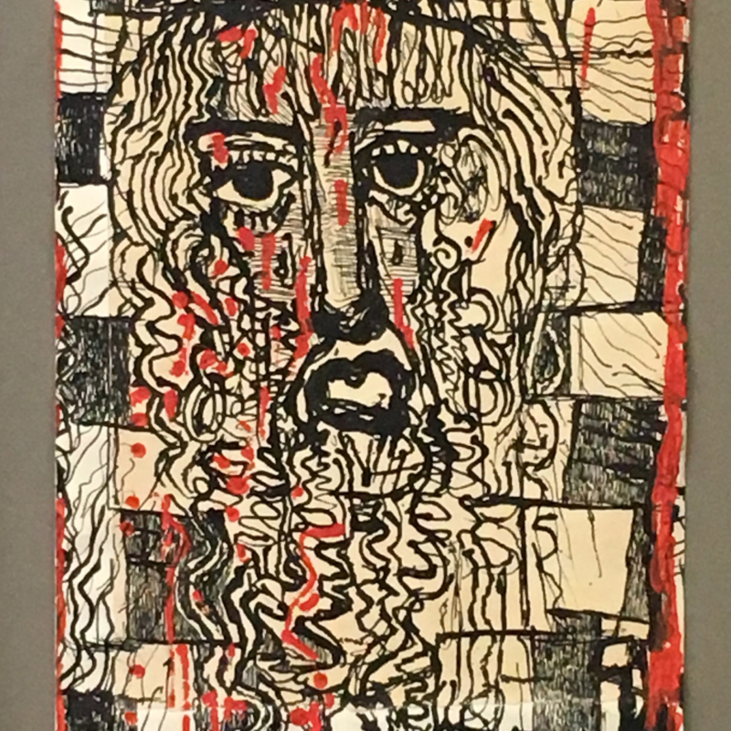 Louis SOUTTER, Tête de Christ, 1930-1937. Encre de Chine et gouache rouge sur papier. 43 x 27 cm.
