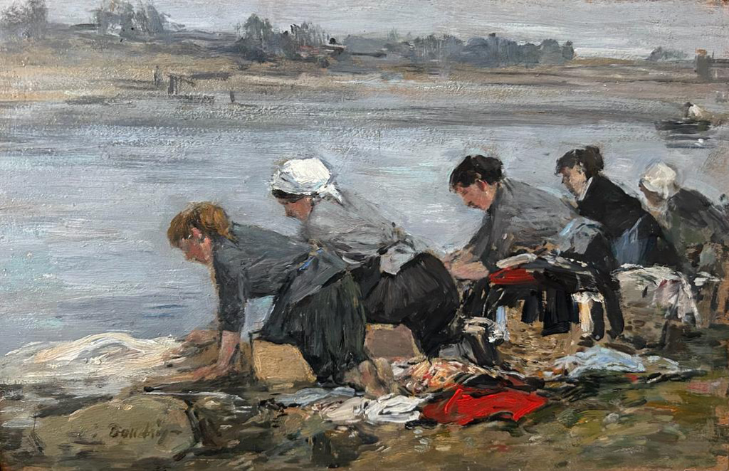 Eugène BOUDIN, "Laveuses au bord de La Touques", 1885-1890. Huile sur panneau. 17,5 x 27,3 cm.