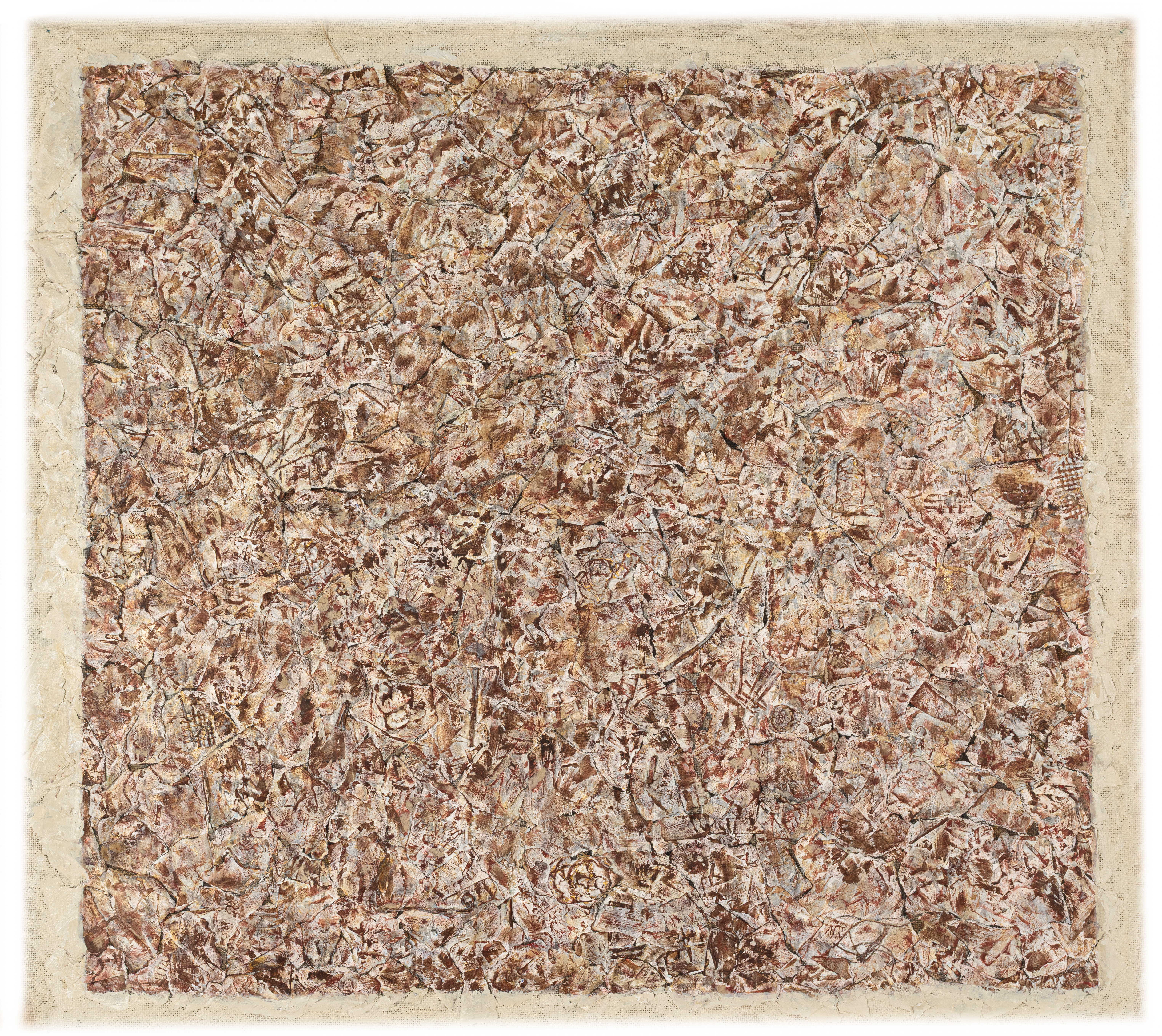 Fati KHOSROSHAHI, "Cambridge n° 2", 2023, collage et technique mixte sur jute, 97 x 110 cm (série Traces - Le Cœur ne Sait Plus)