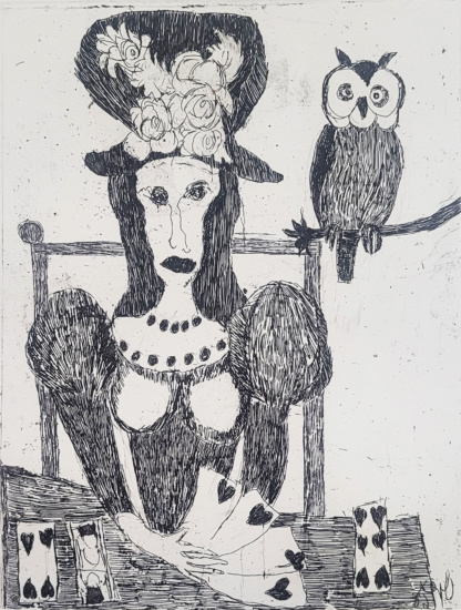 OYEX Jacqueline, "La tireuse de cartes", aquatinte, 1960.