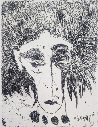 OYEX Jacqueline, "Femme aux cheveux crépus (pauvre folle)", aquatinte, 1964.