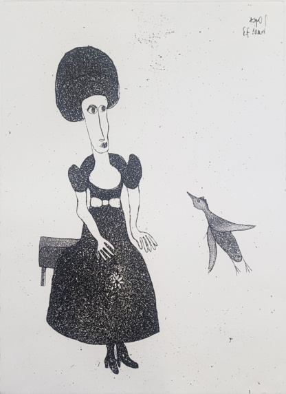 OYEX Jacqueline, "Femme à l'oiseau", aquatinte, 1973.