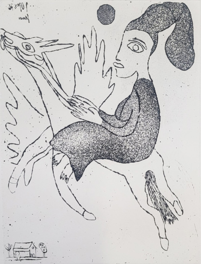 OYEX Jacqueline, "Femme à la licorne", aquatinte, 1976.