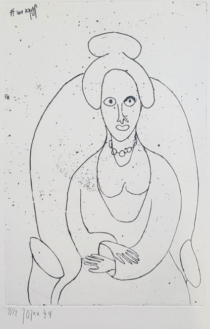 OYEX Jacqueline, "Femme au fauteuil", aquatinte, 1974.