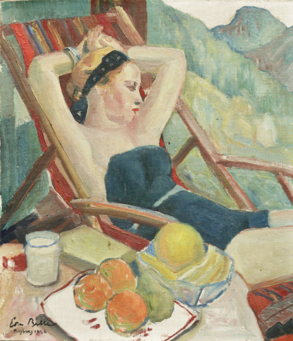 BILLE Edmond, "Femme sur une chaise longue", huile sur panneau, 1936.