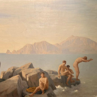 DE CURZON Paul Alfred, "Baigneurs, Golfe d'Athènes", huile sur toile, env. 1954.