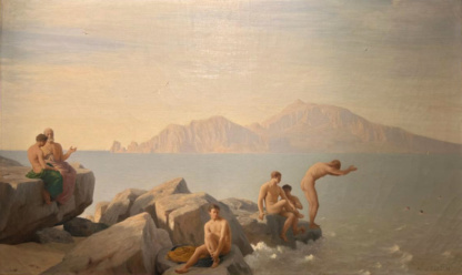 DE CURZON Paul Alfred, "Baigneurs, Golfe d'Athènes", huile sur toile, env. 1954.