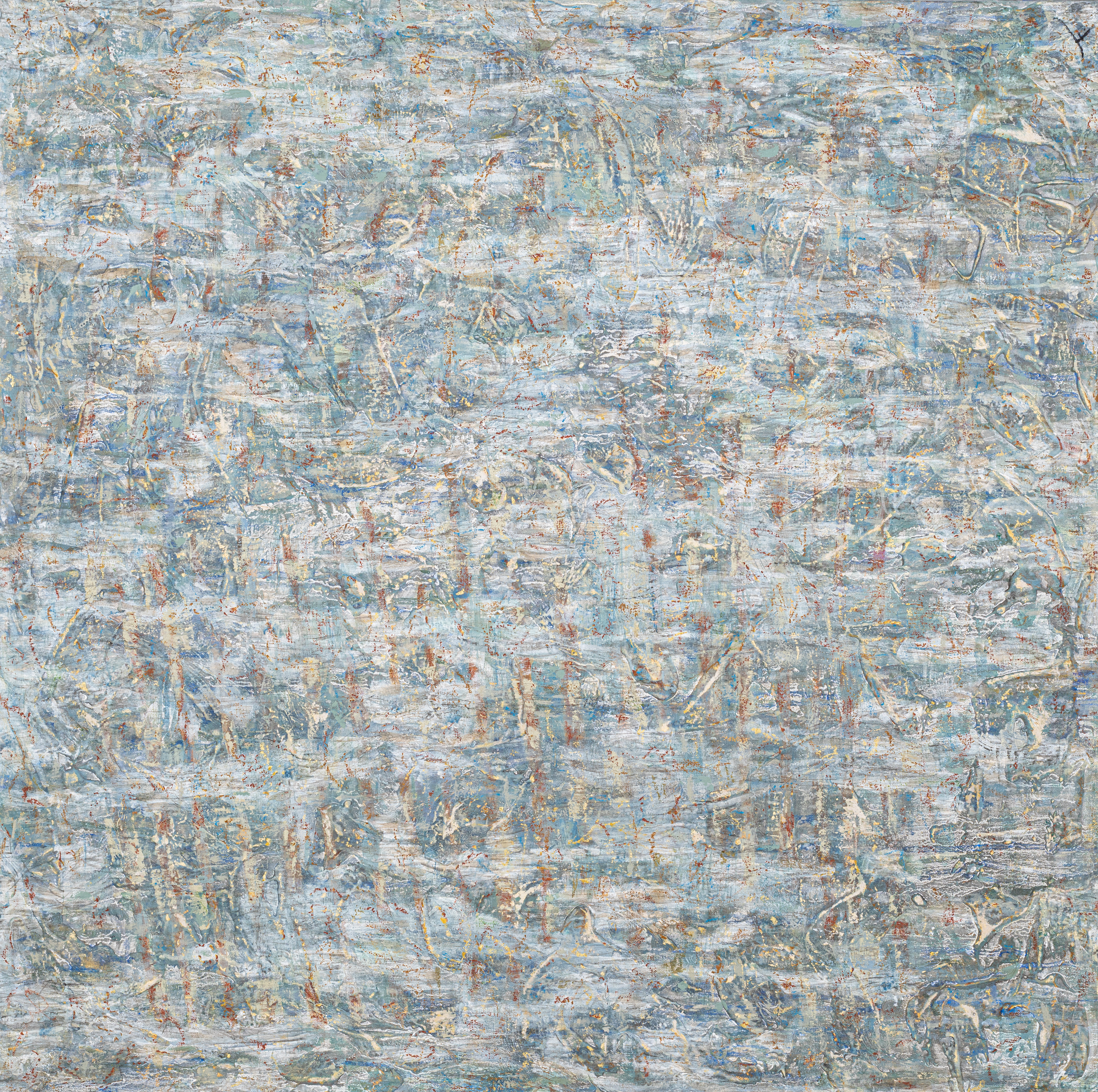 Fati KHOSROSHAHI, "Chercher la lumière n° 2", 2023, technique mixte sur toile, 100 x 100 cm (série Traces - Le Cœur ne Sait Plus)