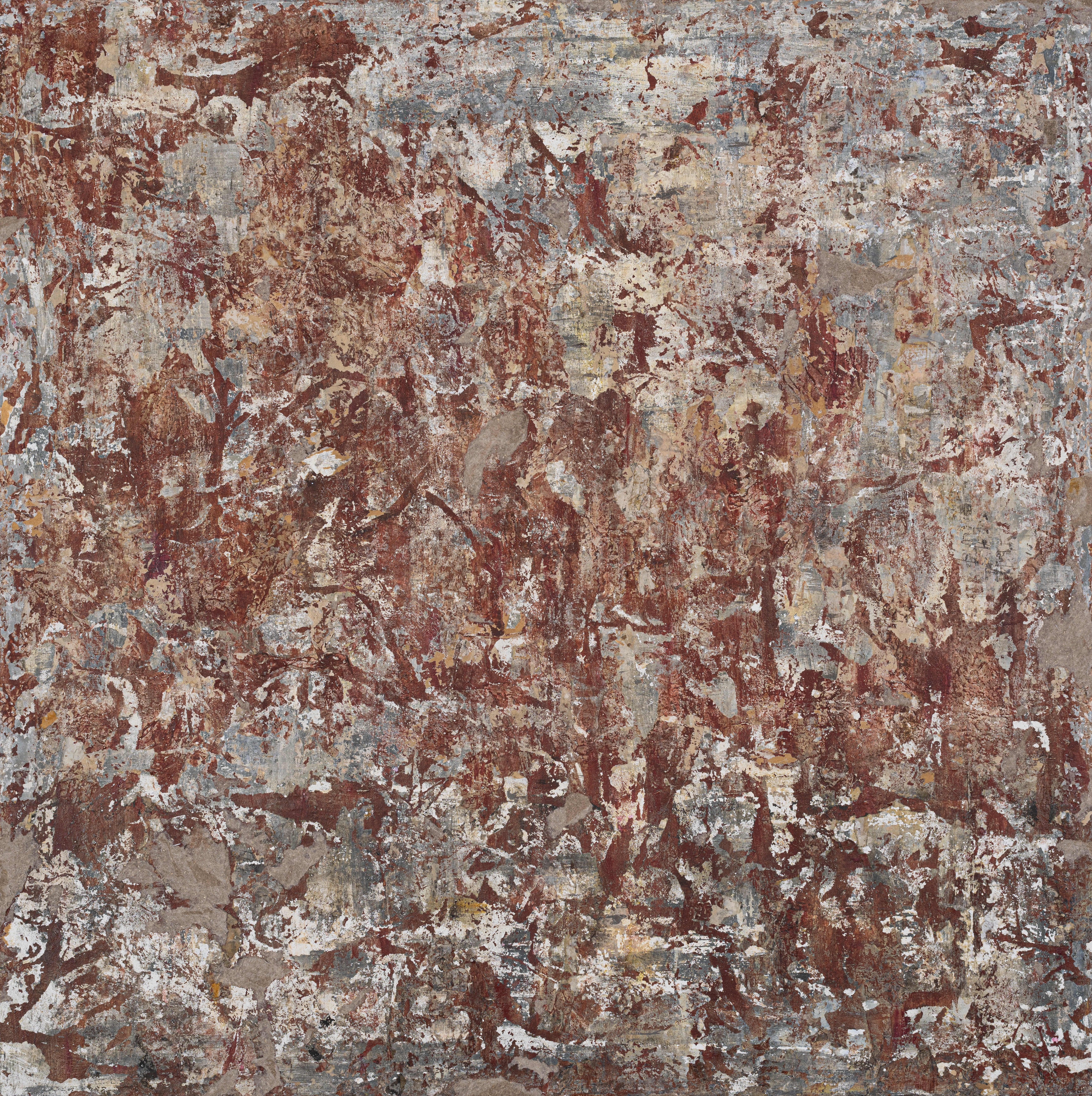 Fati KHOSROSHAHI, "Rouge mémoire", 2025, collage et technique mixte sur toile, 100 x 100 cm (série Traces - Le Coeur ne Sait Plus)