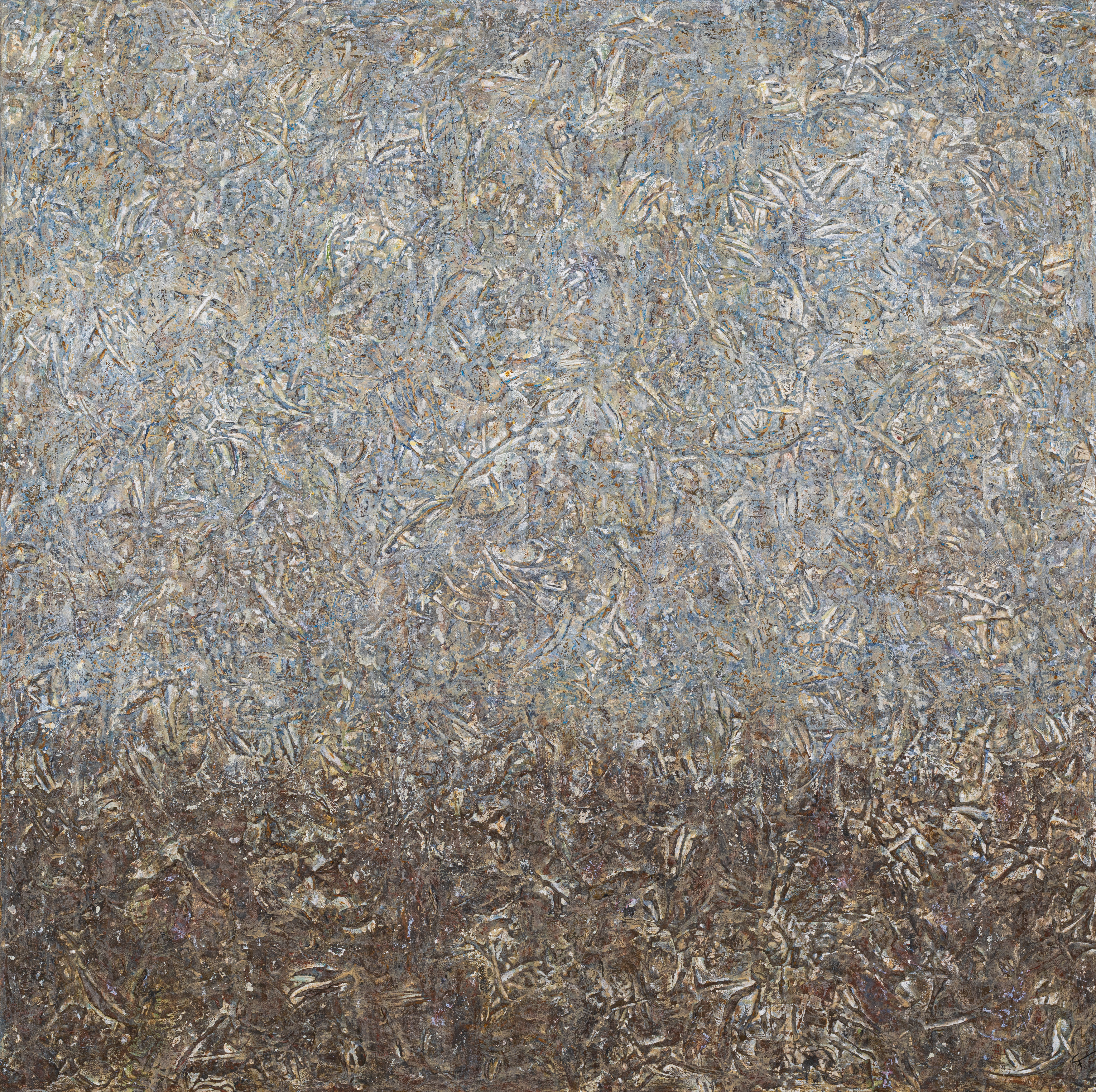 Fati KHOSROSHAHI, "Chercher la lumière n° 4", 2023, collage et technique mixte sur toile, 100 x 100 cm (série Traces - Le Cœur ne Sait Plus)