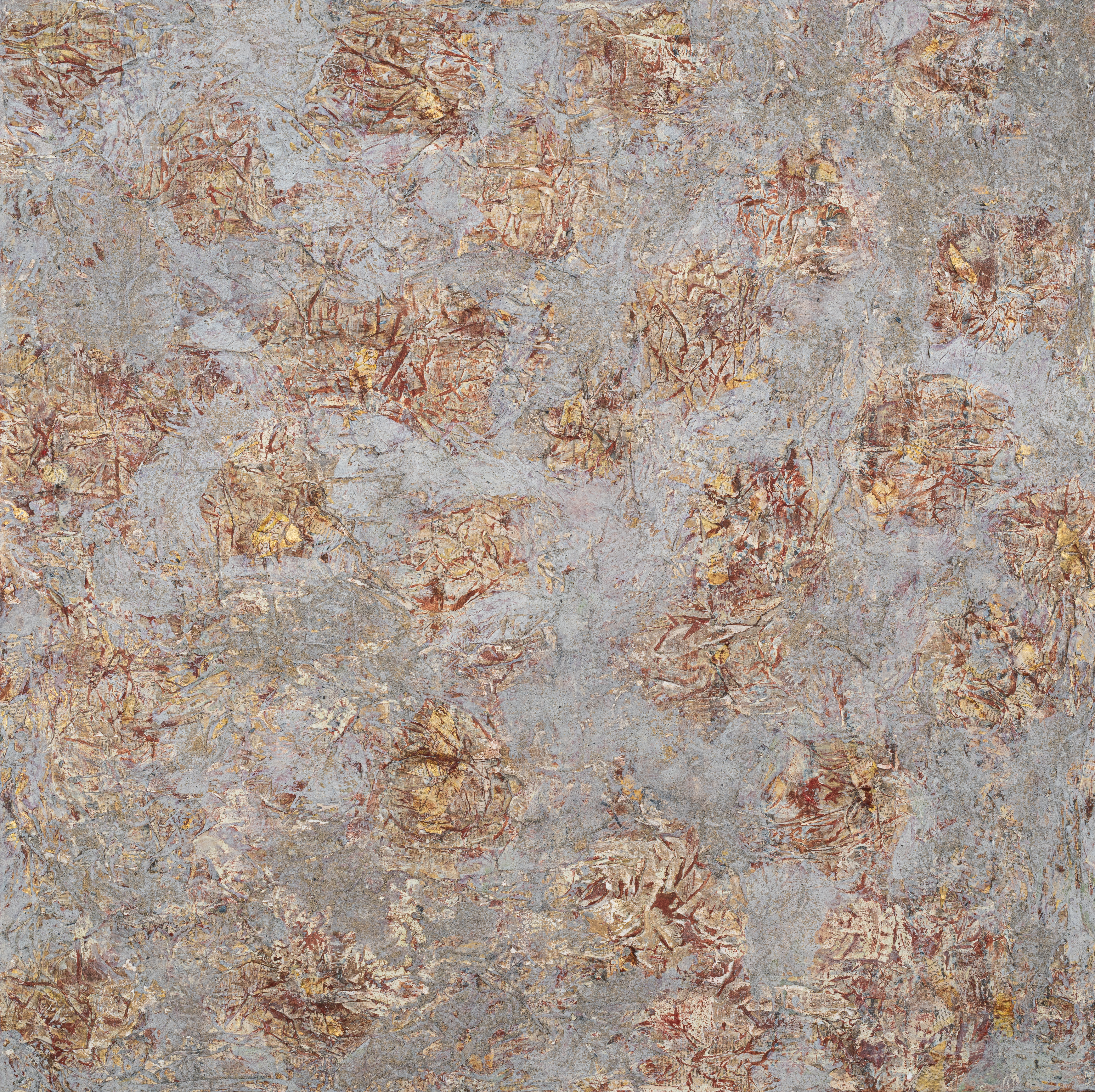 Fati KHOSROSHAHI, "sans titre", 2025, technique mixte sur toile, 100 x 100 cm (série Phénixes)