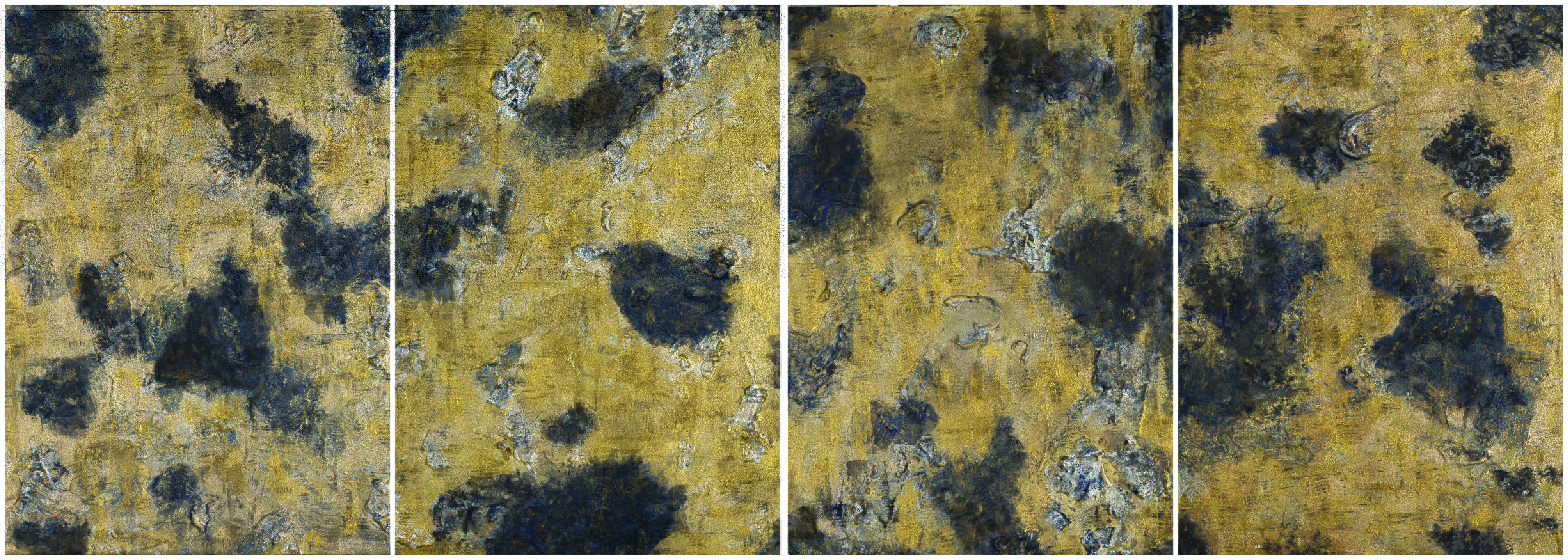 Fati KHOSROSHAHI, "Nara", 2024, technique mixte sur bois, polyptyque, 4 fois 42 x 60 cm (série Phénixes)