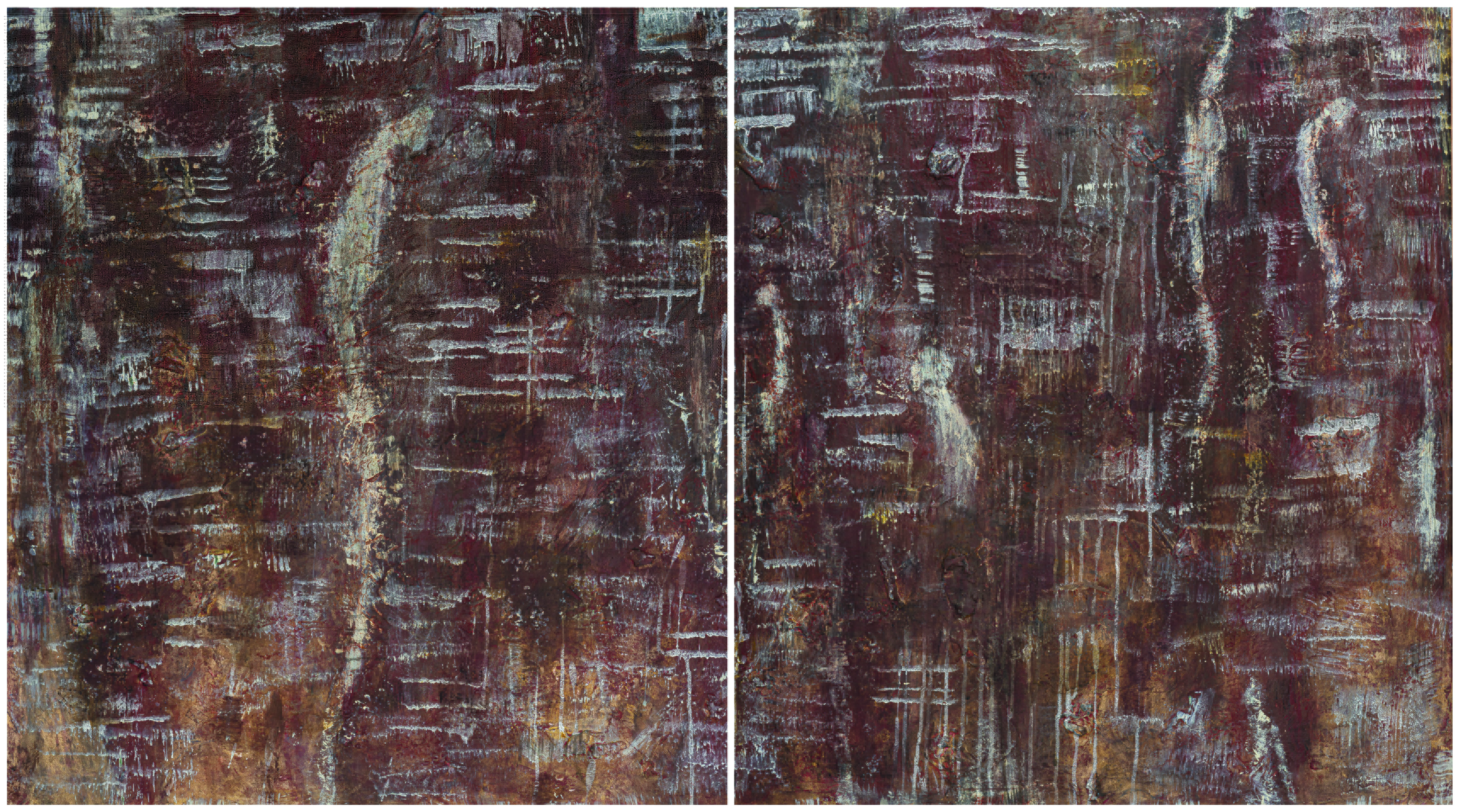 Fati KHOSROSHAHI, "Primal vagabonds", 2024, technique mixte sur bois, diptyque, deux fois 72 x 80 cm (série Les chants des regrets)