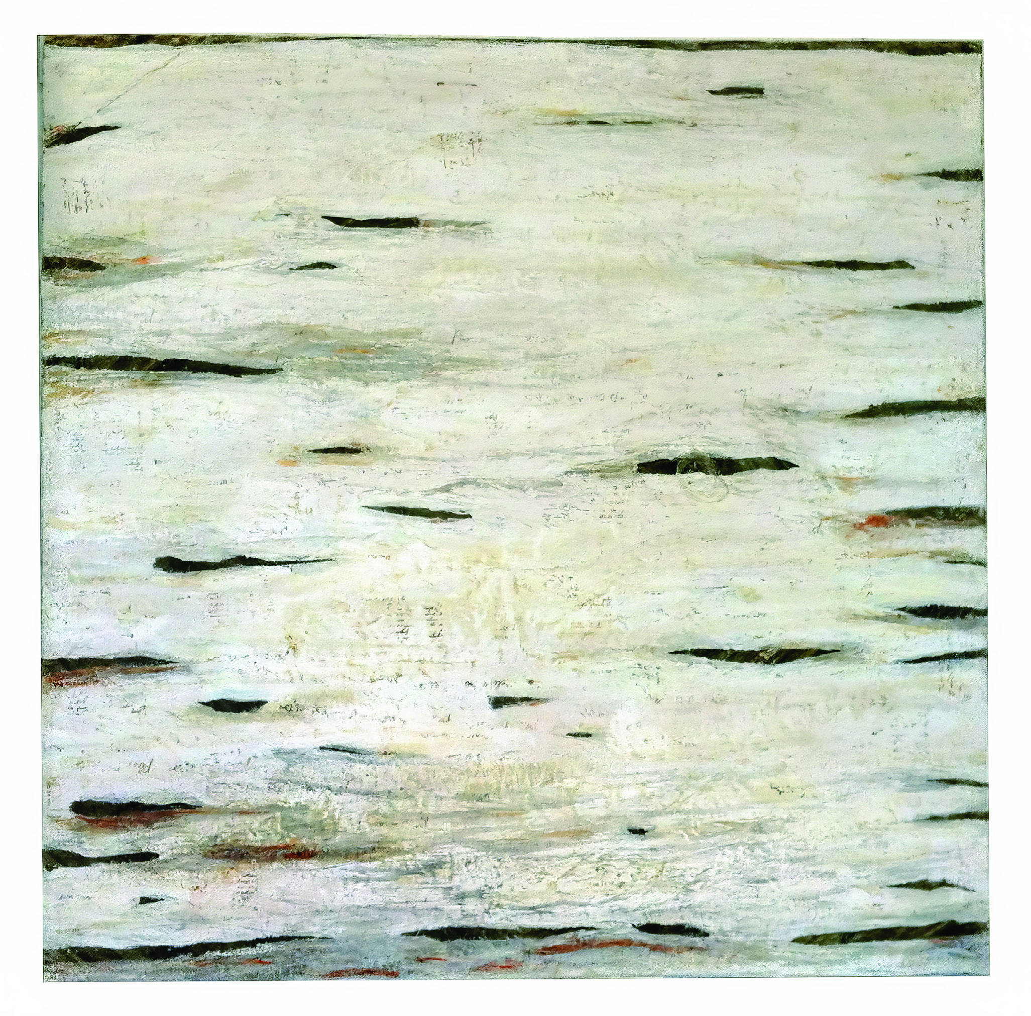 Fati KHOSROSHAHI, "Interstices n° 3", 2020, collage et technique mixte sur toile, 100 x 100 cm (série Traces - Le Cœur ne Sait Plus)