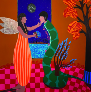 Francisco Sepúlveda, "Les Coquetteries de Quetzacoatl", 2025, acrylique sur lin, 150 x 150 cm