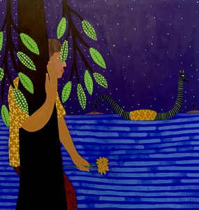 Francisco Sepúlveda, "L'attente de Robinson Crusoe", 2025, 60 x 60 cm, acrylique sur lin