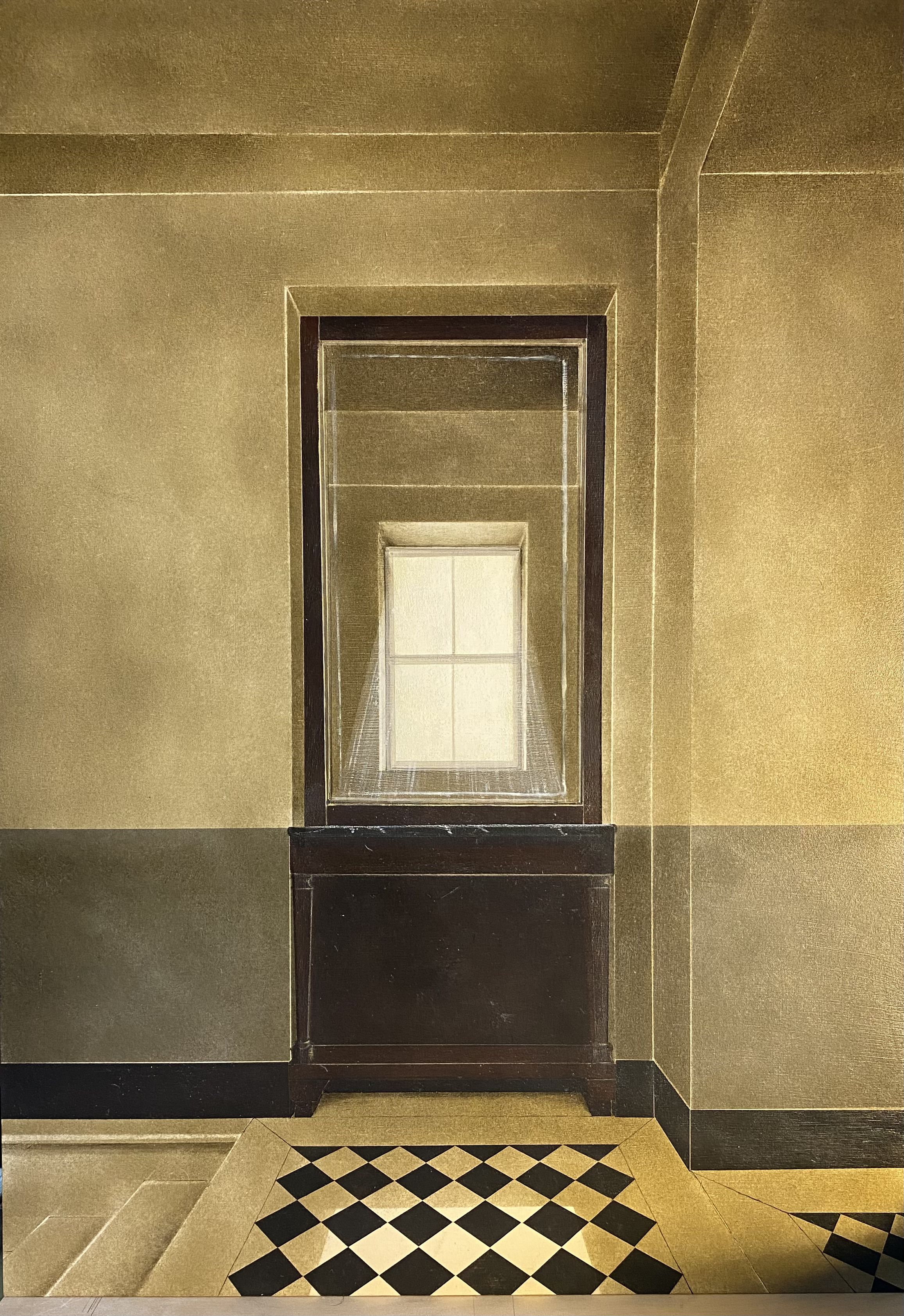 Arduino CANTÀFORA, "L'aria è grigia di pioggia" (L'air est gris de pluie), 2026, Vinylique et huile sur bois, 70 x 50 cm