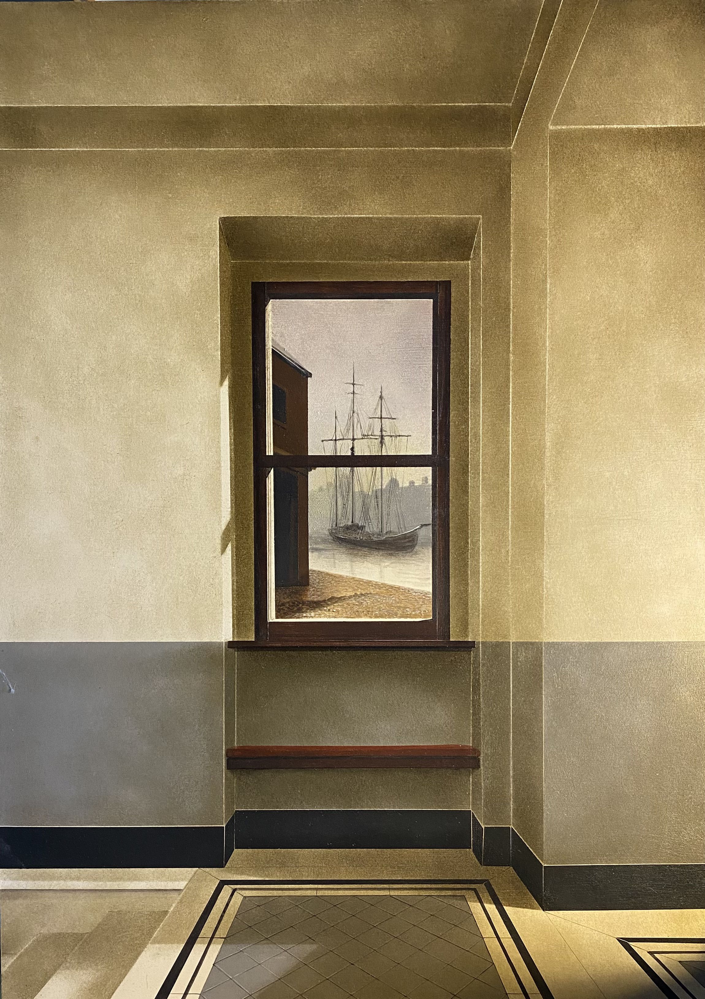 Arduino CANTÀFORA, "Passo' una barca" (Une barque passa), 2026, Vinylique et huile sur bois, 70 x 50 cm