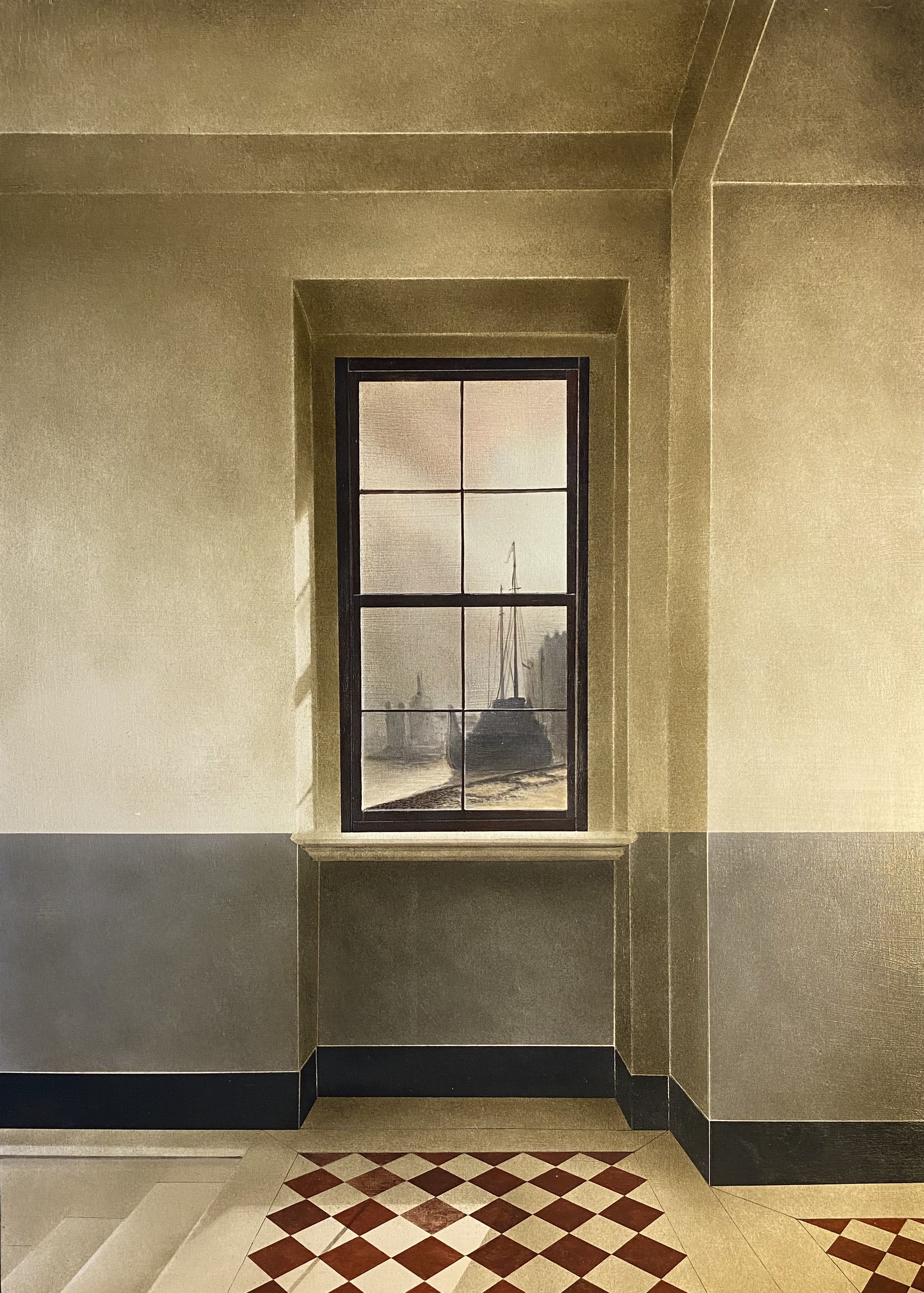 Arduino CANTÀFORA, "Su e giu' lungo il canale" (Va-et-vient le long du canal), 2026, Vinylique et huile sur bois, 70 x 50 cm